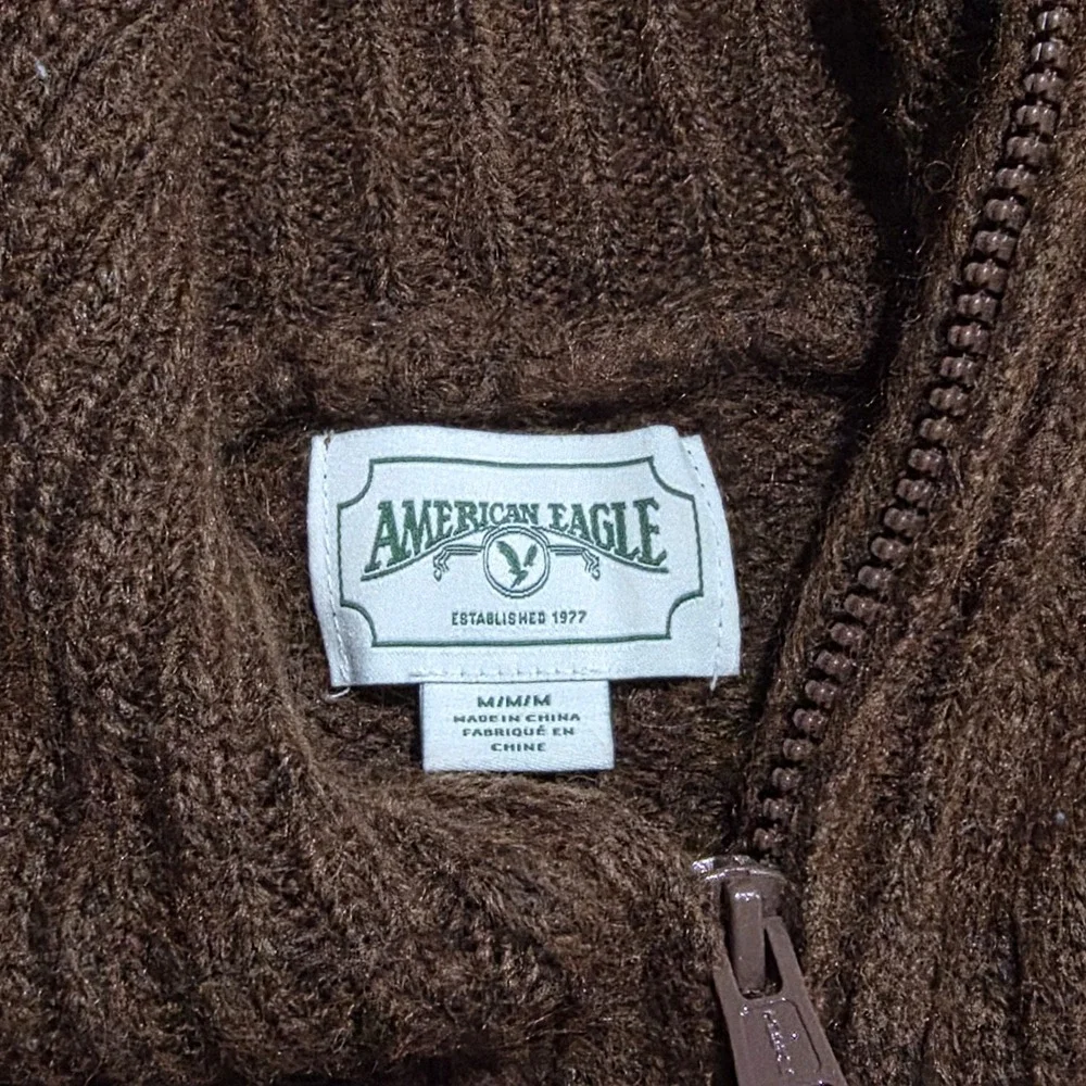 American Eagle Brown Quarter Zip Mock Neck‎ Knit Sweater Womens Medium 0702